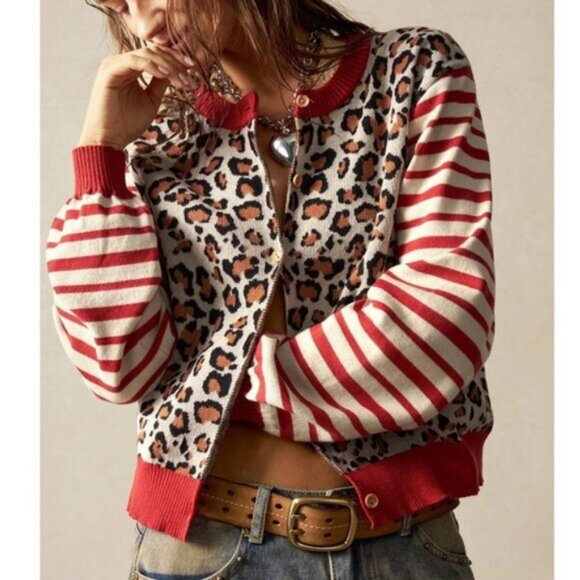 Leopard Print Button Down Striped Loose Fit Cardigan - Picture 1 of 6